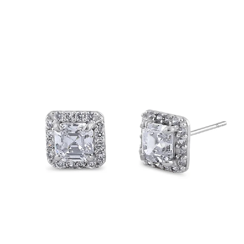 luxury pearl earrings -statement diamond earrings for women -Solid 14K White Gold Asscher CZ Earrings