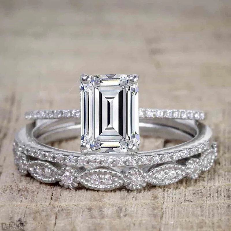 timeless engagement rings for women -timeless engagement rings for women -1.50 Carat Moissanite Diamond Trio Bridal Engagement Ring Set in Emerald Cut 10k White Gold