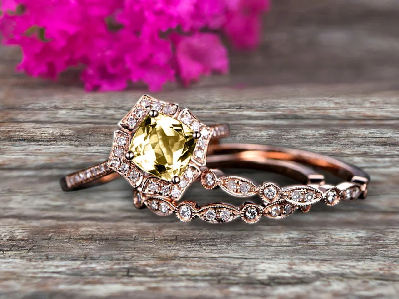 large diamond engagement rings -large diamond engagement rings -Champagne Diamond Moissanite Engagement Ring On Solid 14k Rose gold Cushion Cut 2 Carat Trio Set Anniversary Ring Vintage Looking Halo