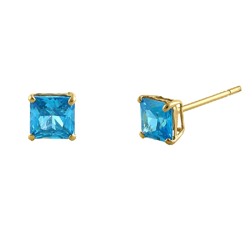 gold-plated earrings for women -gold-plated earrings for women -.78 ct Solid 14K Yellow Gold 4mm Princess Cut Blue Topaz CZ Earrings