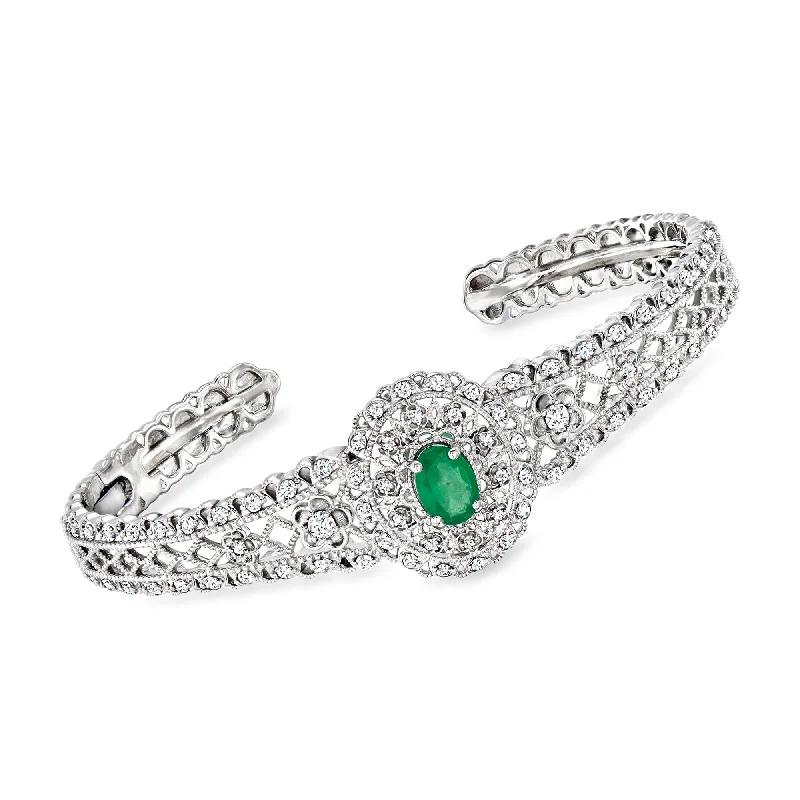 rose gold bracelet sets -Ross-Simons Emerald and Diamond Cuff Bracelet in Sterling Silver