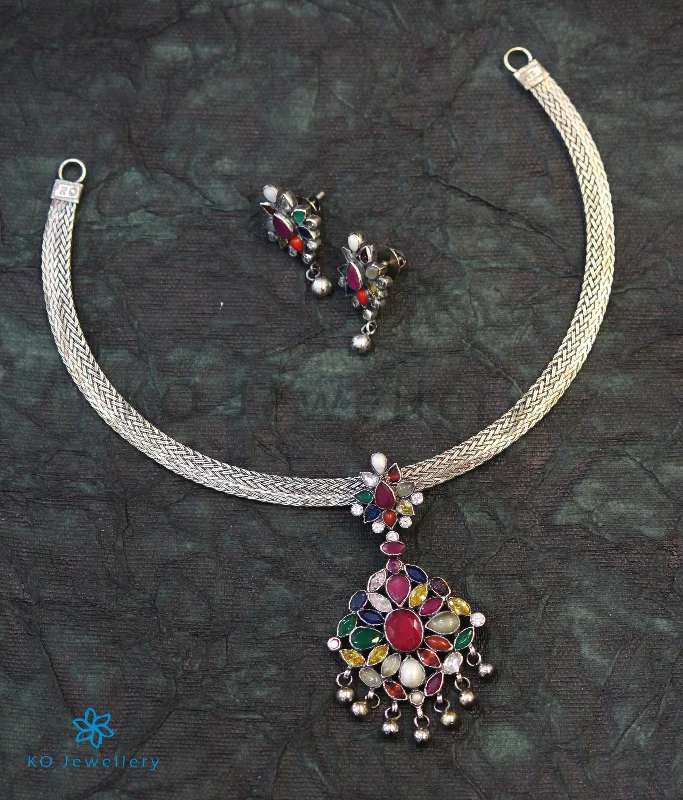 diamond heart necklaces for women -men’s and women’s matching necklaces -The Aham Silver Navaratna Necklace (Oxidised)