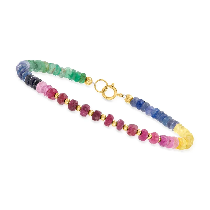 elegant tennis bracelets for women -Canaria 18.00- Multicolored Sapphire and Ruby Bead Bracelet in 10kt Yellow Gold