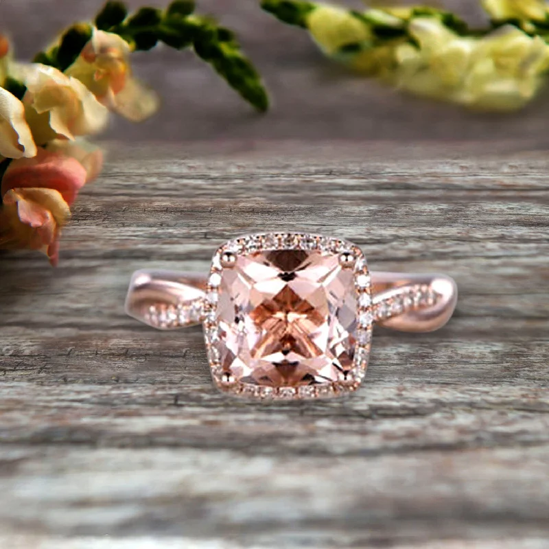 princess cut engagement rings for women -princess cut engagement rings for women -1.50 Carat Cushion Cut Morganite Engagement Ring Infinity Twisted Halo Stacking Band Promise Ring 10k Rose Gold