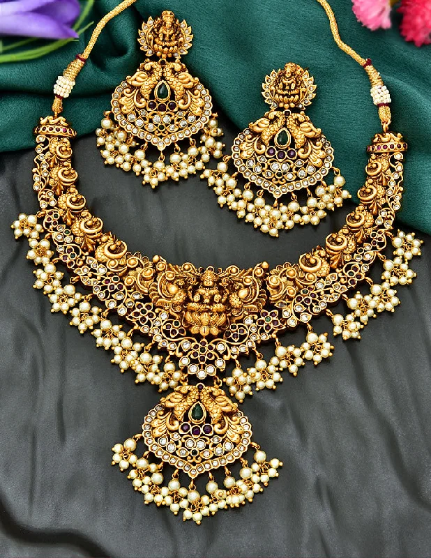 classic diamond necklaces for women -trendy fashion necklaces for women -Antique Lakshmi Devi Design Guttapusalu Necklace Set