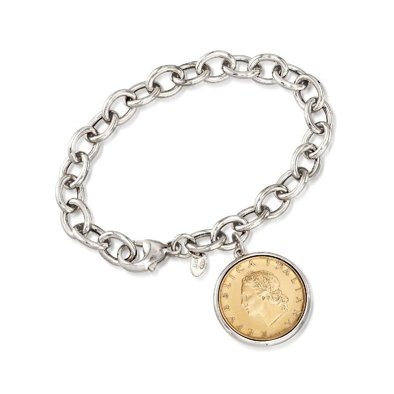 stacked gold bangles -Ross-Simons Italian Genuine 20-Lira Coin Charm Bracelet in Sterling Silver