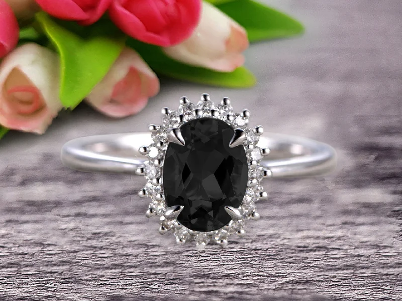 women’s unique gemstone engagement rings -women’s unique gemstone engagement rings -1.25 Carat Oval Cut Black Diamond Moissanite Engagement Ring With 10k White Gold Halo Flower Prong Set