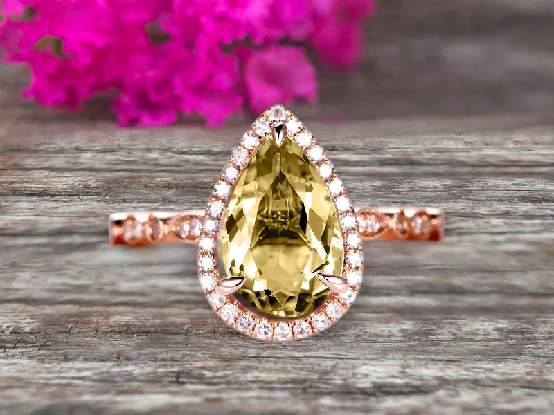 custom gold engagement rings -custom gold engagement rings -1.50 Carat Pear Shape Champagne Diamond Moissanite Engagement Ring Art Deco Wedding Ring 10k Rose gold Milgrain Anniversary Ring Halo Design