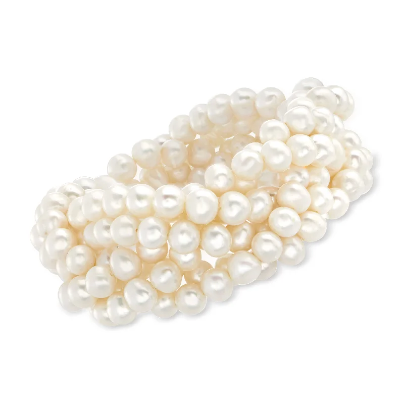 stylish stacking bracelets -Ross-Simons 6-7mm Cultured Pearl Braided Stretch Bracelet