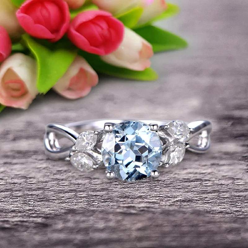 vintage inspired diamond engagement rings -vintage inspired diamond engagement rings -1.25 Carat Moissanite Diamonds Flower 6mm Round Cut 10k White Gold Aquamarine Engagement Rings