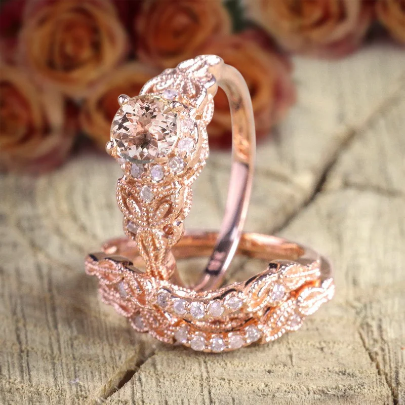 affordable engagement rings -affordable engagement rings -Unique Design 2 Carat Round Morganite And Diamond Moissanite Trio Ring Set in 10k Rose Gold 1 Engagement Ring And 2 Wedding Bands