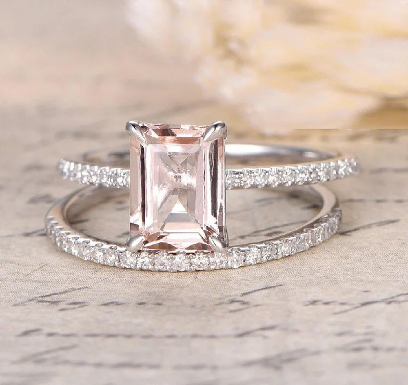 colorful gemstone engagement rings -colorful gemstone engagement rings -Sale 1.50 Carat Peach Pink Morganite Emerald Cut And Diamond Moissanite Engagement Ring Wedding Bridal Set in 10k White Gold