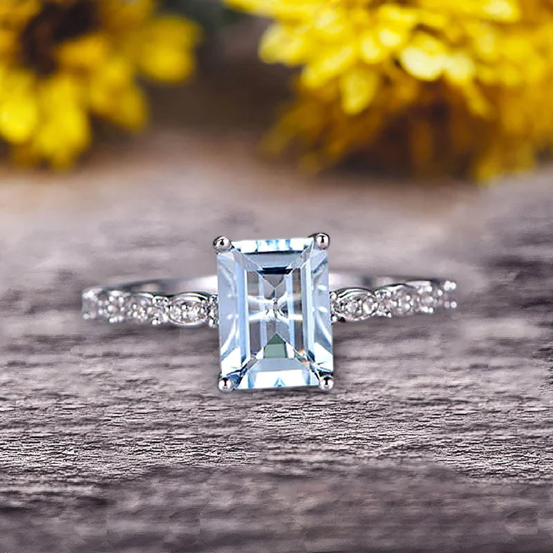 women’s stackable engagement rings -women’s stackable engagement rings -Art Deco 10k White Gold 1.25 Carat Emerald Cut Aquamarine Engagement Ring Anniversary Gift