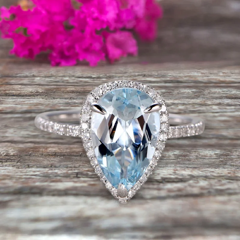 high-end engagement rings -high-end engagement rings -Pear Shape Halo Design 1.50 Carat Aquamarine Engagement Ring Anniversary Gift On 10k White Gold Art Deco