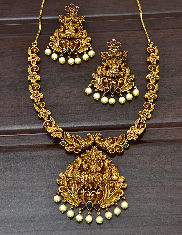 charm pendant necklaces for women -symbolic charm necklaces for women -Designer Antique Lakshmi Devi Kempu Necklace Set