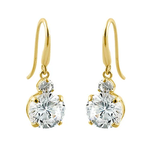 crystal drop earrings -long dangle earrings for women -Solid 14K Yellow Gold 6mm Round CZ Hook Earrings