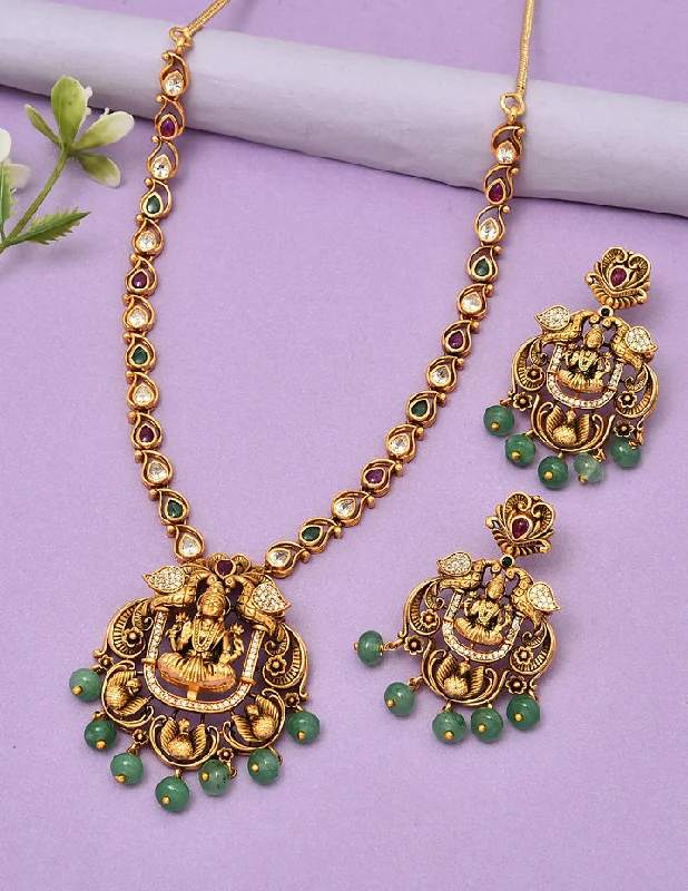 elegant pendant necklaces for women -chic necklaces for women -Designer Matt Lakshmi Devi Necklace Set with Mint Green Beads