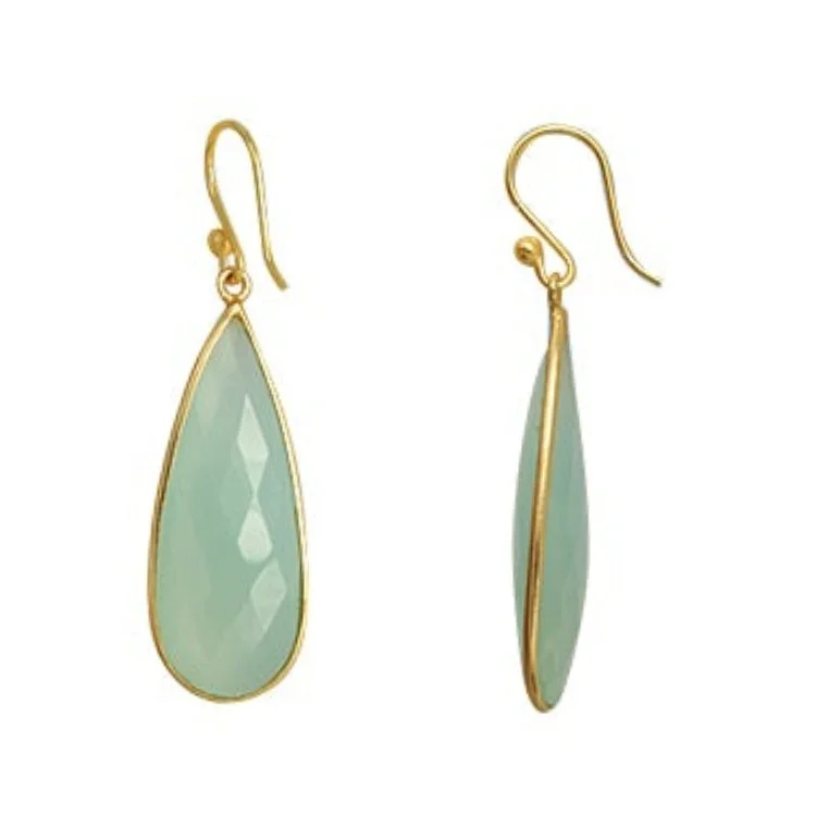 colorful earrings for women -colorful gemstone earrings for women -Gold Plated over Silver Bezelled Earrings Sea Green Chalcedony Teardrop 16 x 37mm