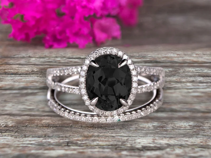 alternative gemstone engagement rings -alternative gemstone engagement rings -1.75 Carat Black Diamond Moissanite Engagement Ring On 10k White Gold Halo Design Bridal Ring Set Oval Cut Gemstone Thin Pave Stacking Band Split Shank Surprisingly