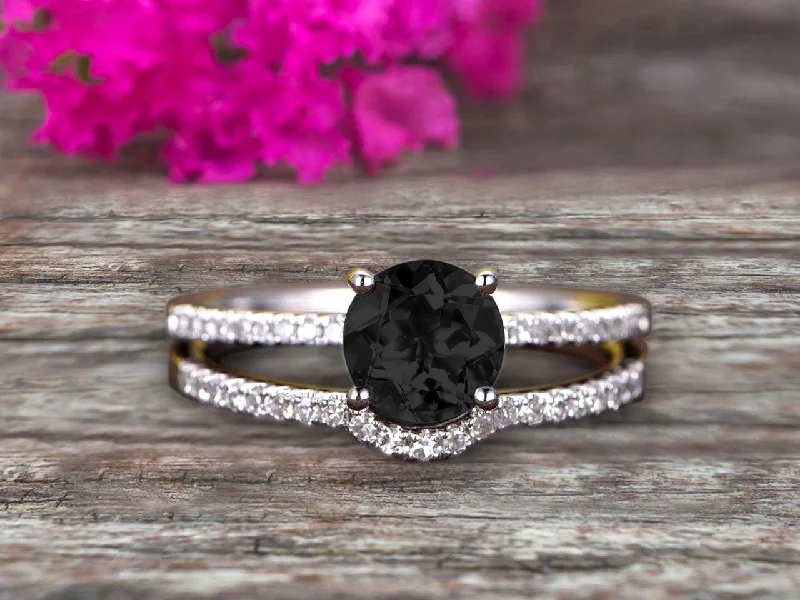 halo engagement rings for women -halo engagement rings for women -1.50 Carat Round Cut Black Diamond Moissanite Engagement Ring On 10k White Gold With Wedding Band