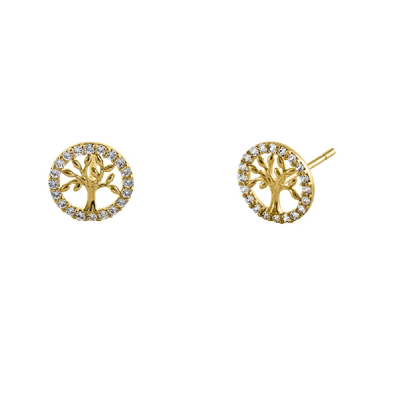 bridal stud earrings -women’s sparkling earrings -Solid 14K Yellow Gold Small Tree of Life CZ Earrings