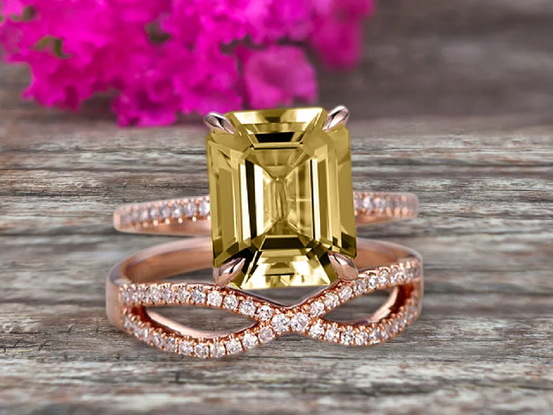 stunning engagement rings for women -stunning engagement rings for women -1.50 Carat Emerald Cut Champagne Diamond Moissanite Engagement Ring 10k Rose Gold Promise Ring for Bride or Anniversary Gift Startling Jewelry Twisted Across Matching Band