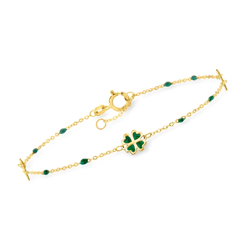 luxury gold bracelets -Ross-Simons Italian Green Enamel Clover Station Bracelet in 14kt Yellow Gold