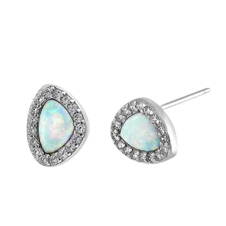 trendy dangling earrings -gemstone stud earrings for women -Sterling Silver Small White Lab Opal & Clear CZ Offset Stud Earrings