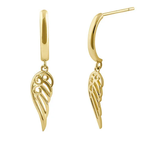 modern earrings for women -large hoop earrings for women -Solid 14K Yellow Gold Dangle Angel Wings Earrings