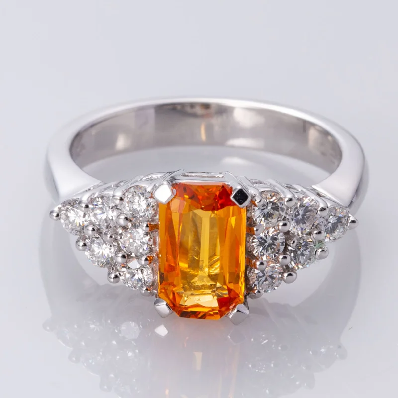 designer engagement rings for women -18K White Gold Orange Sapphire and Diamond Ring | 1.45 ct, 0.60 ctw | SZ 6.5 |