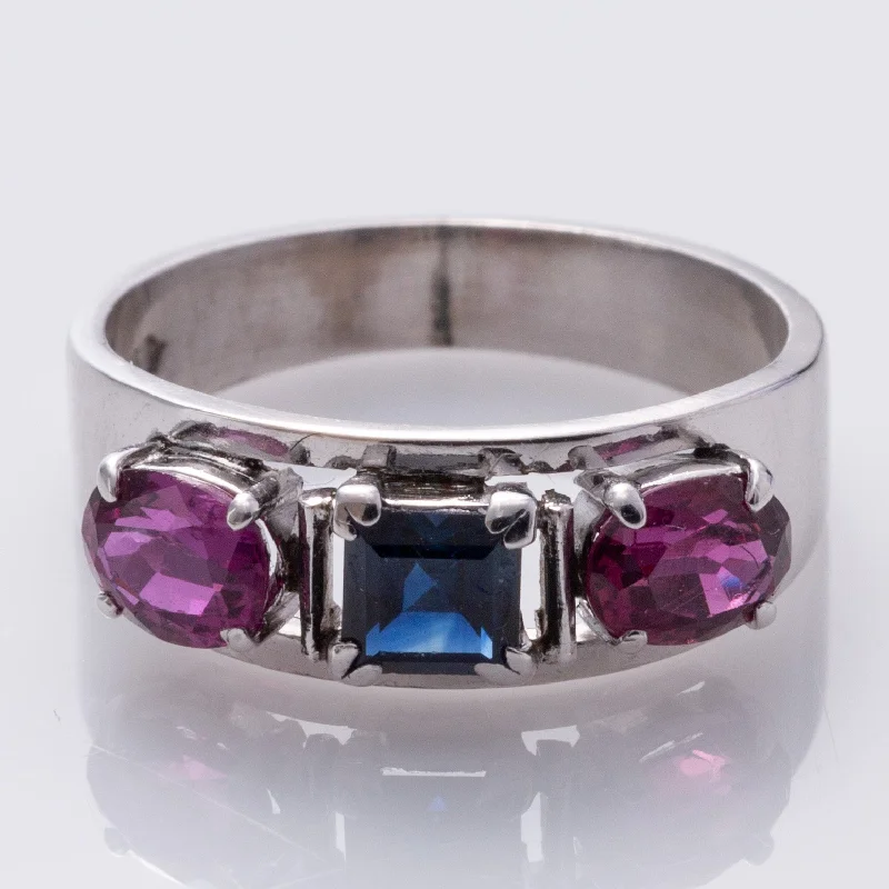 stackable diamond rings -18K White Gold Blue Sapphire and Ruby Ring | 0.52ct, 1.09ctw | SZ 6.5 |