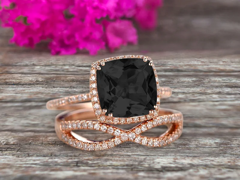 vintage diamond engagement rings -vintage diamond engagement rings -Halo 2 Pcs 10k Rose Gold 1.75 Carat Cushion Cut Black Diamond Moissanite Engagement Ring Set Custom Made Flaming Jewelry Twisted Across Matching Band Art Deco Anniversary Ring