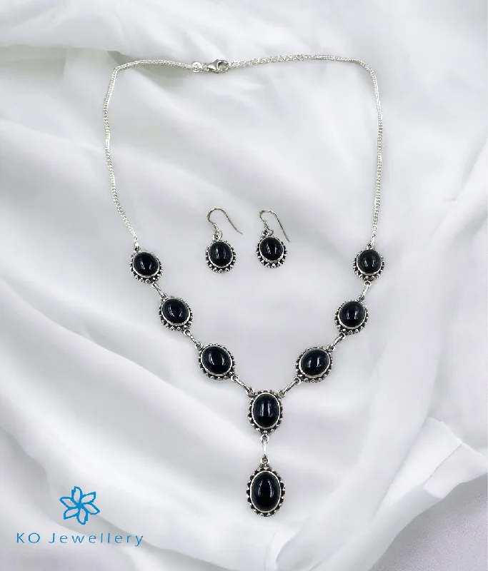 elegant necklaces for women -personalized necklaces for women -The Silver Gemstone Necklace & Earrings (Black)