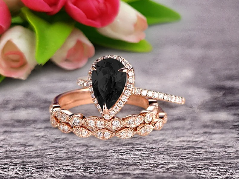 beautiful emerald engagement rings -beautiful emerald engagement rings -Milgrain Art Deco Pear Shape Black Diamond Moissanite Engagement Ring Set 2 Carat Weight Trio Set Stacking Matching Wedding Band Solid 10k Rose Gold Anniversary Ring