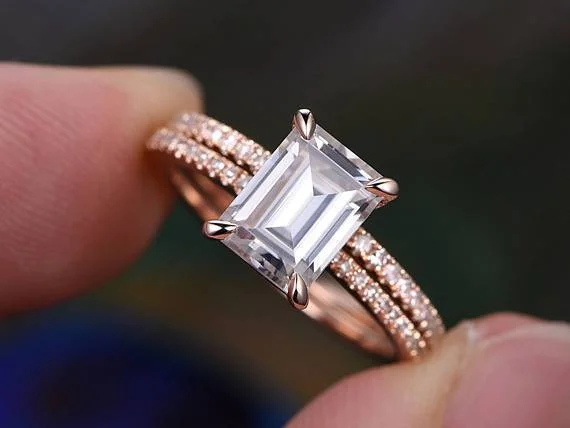 emerald and diamond engagement rings -emerald and diamond engagement rings -Vintage Look 2 Carat Emerald Cut Moissanite Diamond Engagement Ring Halo Bridal Set in 10k Rose Gold