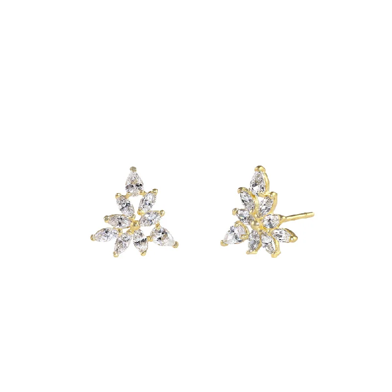 vintage stud earrings -cubic zirconia earrings for women -Solid 14K Gold Pear and Marquize CZ Triangle Cluster Earrings