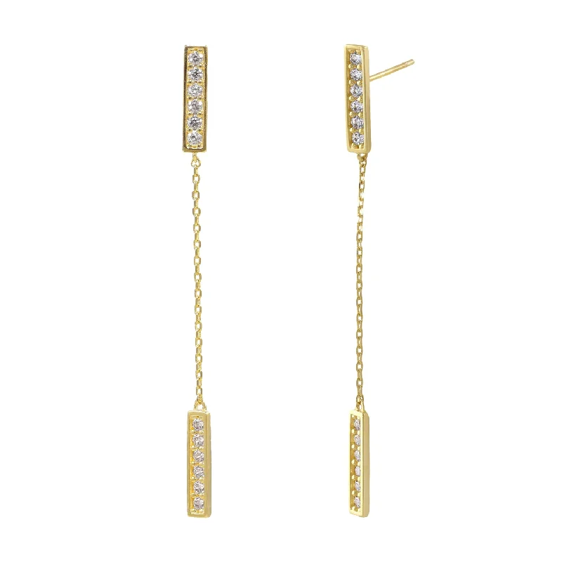 modern earrings for women -large hoop earrings for women -Solid 14K Gold Bar Chain Dangle CZ Earrings