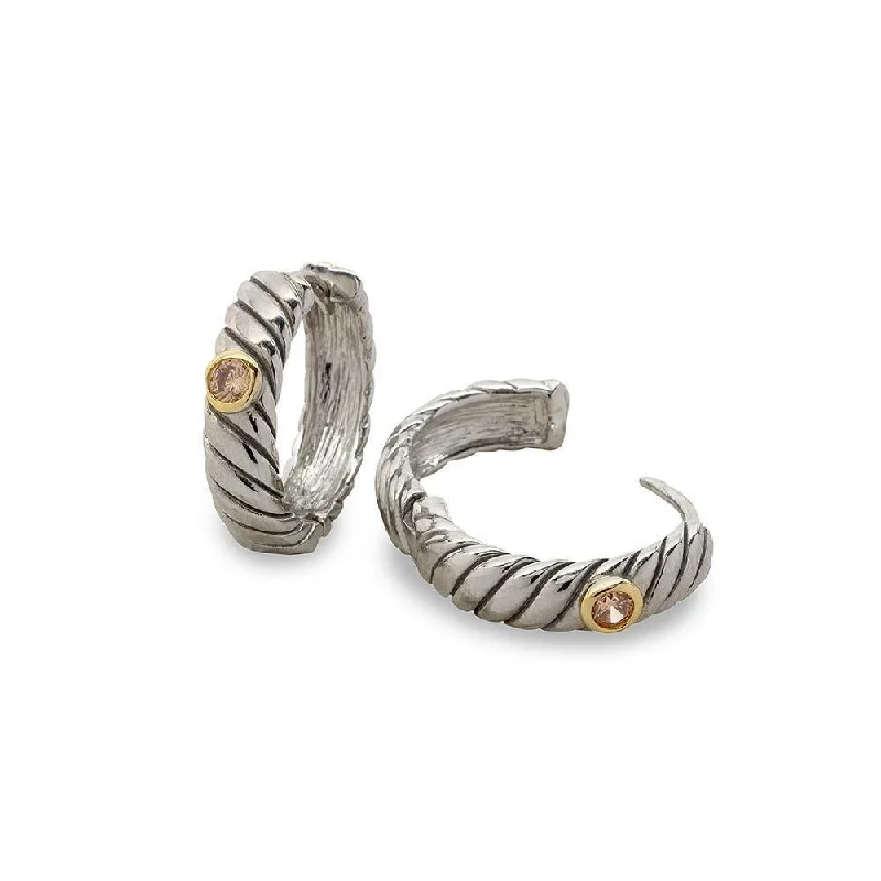 hoop earrings for evening wear -hoop earrings for evening wear -Two Tone Huggie Earrings with Champagne Cubic Zirconia