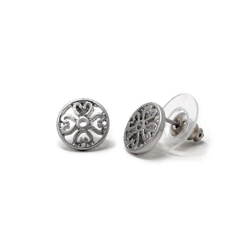 silver dangling earrings for women -modern silver earrings for women -Filigree Disc Stud Rhodium Plated Earrings