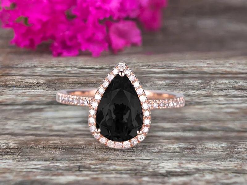 diamond wedding rings -diamond wedding rings -1.50 Carat Pear Shaped Black Diamond Moissanite Engagement Ring On 10k Rose Gold Halo Teardrop Design Anniversary Gift Personalized for Brides