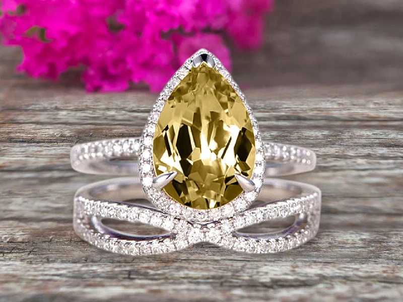 radiant cut engagement rings -radiant cut engagement rings -Bridal Set Tear Droped Champagne Diamond Moissanite Engagement Ring 1.75 Carat Pear Shape Gemstone Wedding Set Anniversary Ring On 10k White Gold Shining Jewelry With Matching Band