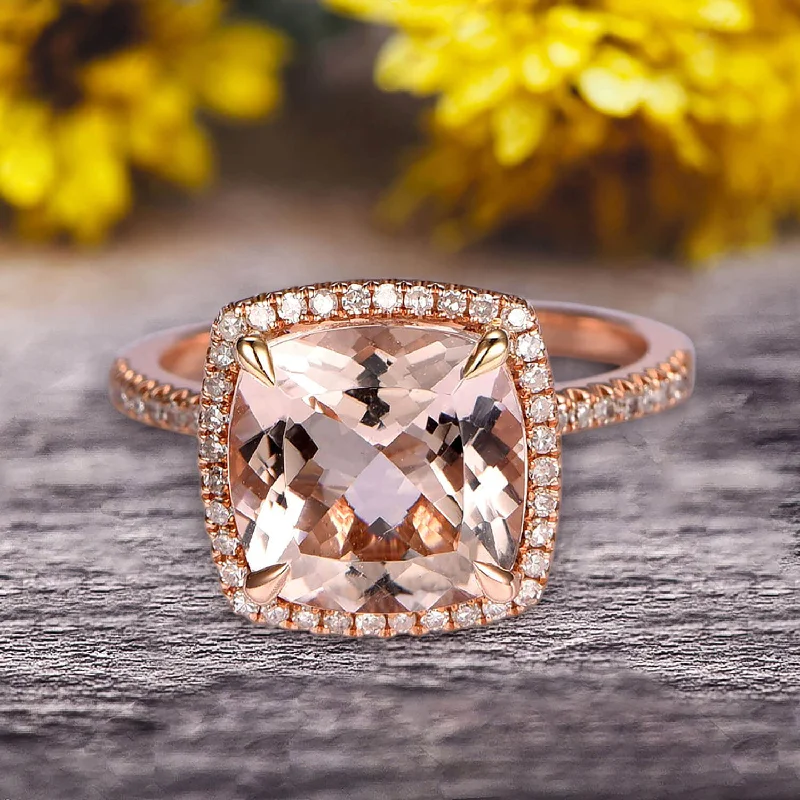 women’s engagement rings -women’s engagement rings -Surprisingly Morganite Engagement Ring 1.75 Carat Cushion Cut Halo Design 10k Rose Gold Anniversary Ring