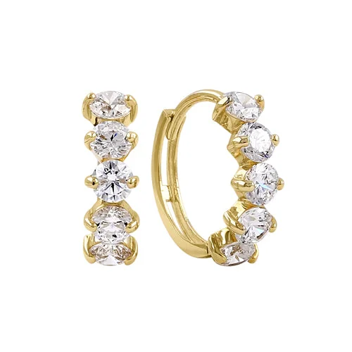 bridal earrings for women -trendy stud earrings for women -Solid 14K Yellow Gold 11.5mm x 4.5mm Five CZ Hoop Earrings