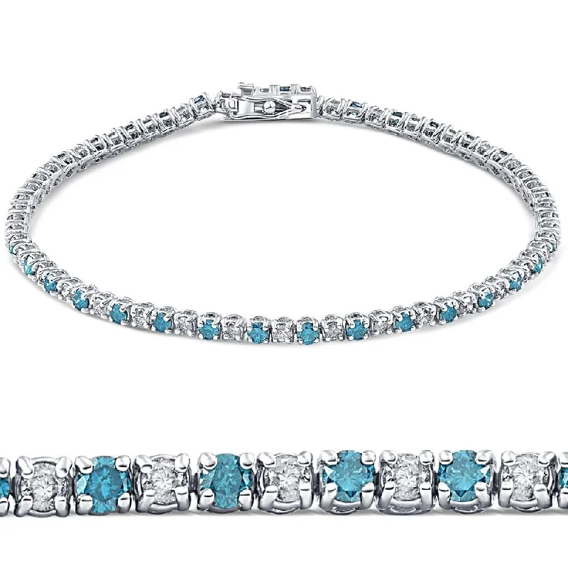 rose gold bracelet sets -3ct Blue & White Diamond Tennis Bracelet 14K White Gold 7"