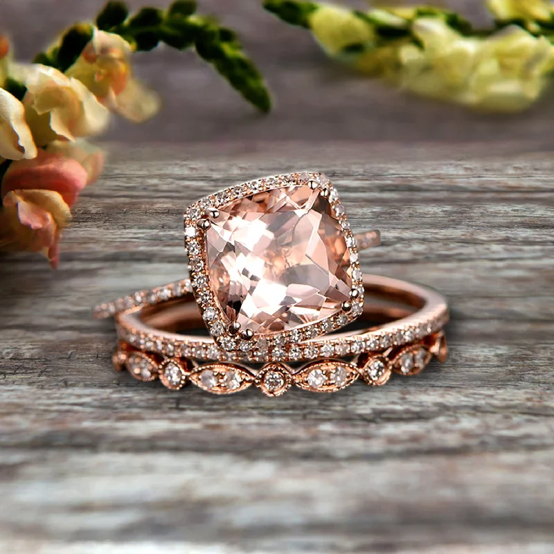 princess cut diamond engagement rings -princess cut diamond engagement rings -Art Deco 2 Carat Cushion Cut Morganite Wedding Ring Set On 10k Rose Gold Engagement Ring  Matching Wedding Band Imaginative Gift