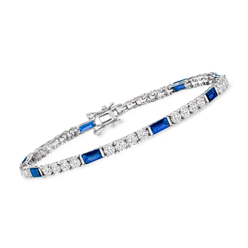 custom charm bangles for women -Ross-Simons CZ and Simulated Sapphire Tennis Bracelet in Sterling Silver