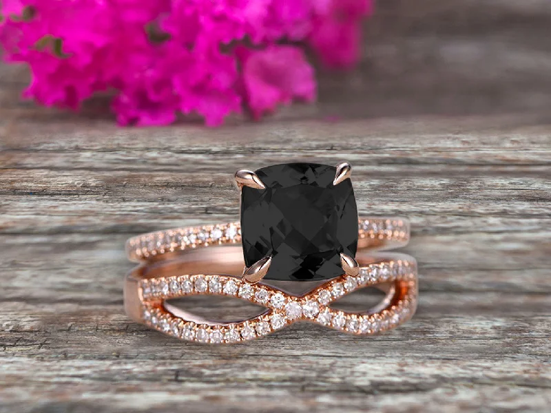 halo diamond engagement rings -halo diamond engagement rings -2 Pcs 10k Rose Gold 1.75 Carat Cushion Cut Black Diamond Moissanite Engagement Ring Set Solid 10k rose gold Bridal set Custom Made Flaming Jewelry Twisted Across Matching Band