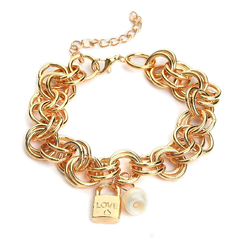 gold bracelets for women -Women Gold-plated  White Brass Pearls Link Bracelet