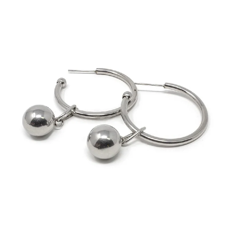 silver dangling earrings for women -modern silver earrings for women -Stainless Steel C Hoop Earrings with Dangling Ball