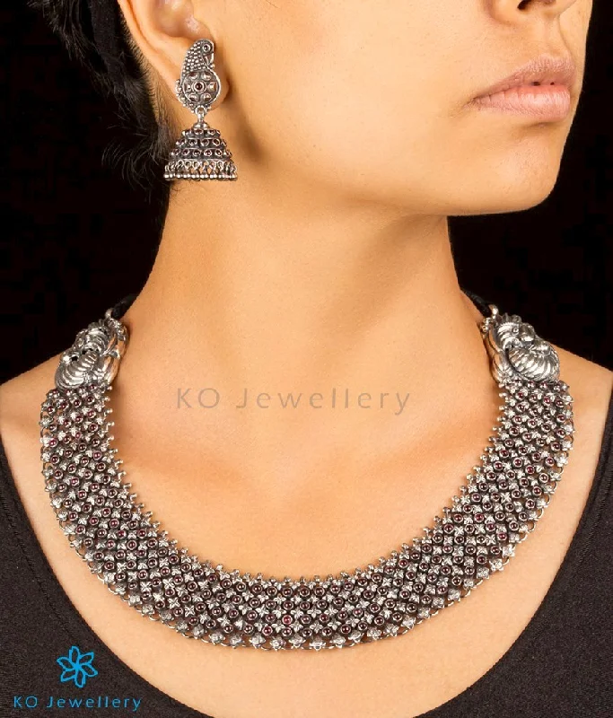 elegant heart-shaped necklaces for women -vintage style necklaces for women -The Ahibhuj Antique Silver Peacock Necklace (Oxidised)